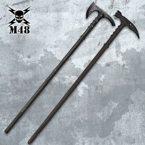 Two tactical axes on a textured background