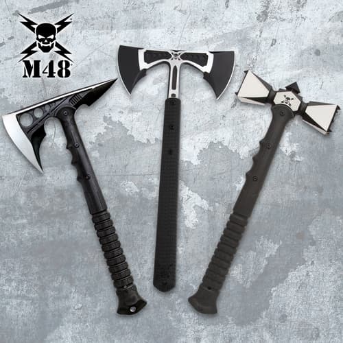 Three tactical axes with black handles on a textured background