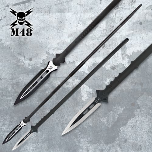 Three black spears with silver blades on a textured background