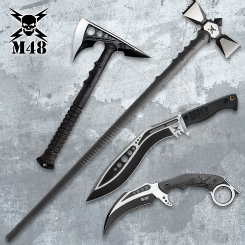 Collection of tactical weapons on textured background
