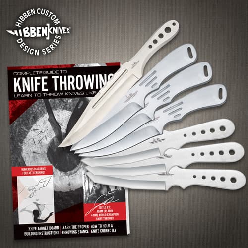 Knife throwing guide with six knives displayed
