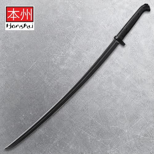 Black katana with textured handle on a gray background