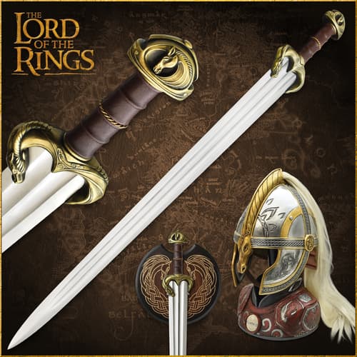 Sword and helmet from The Lord of the Rings with intricate designs