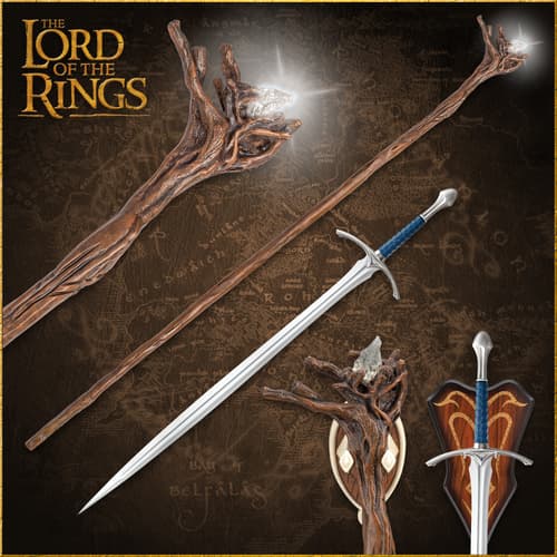 Collection of Gandalf's staff and Glamdring sword on map background