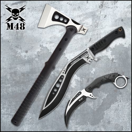 Three tactical blades on a textured background