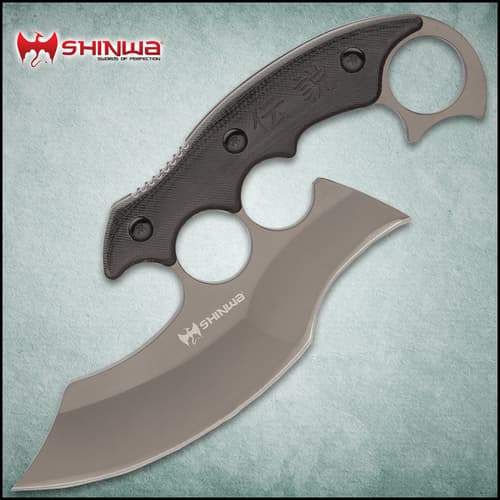 Shinwa Kandao Ulu Knife has a unique fixed blade that combines elements from a karambit and ulu knife and a knuckle guard.