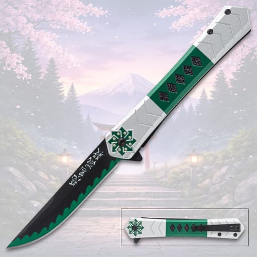 Decorative knife with green and silver handle, mountain background