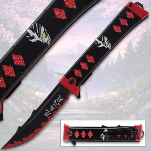 Black and red knife with anime design, cherry blossoms background