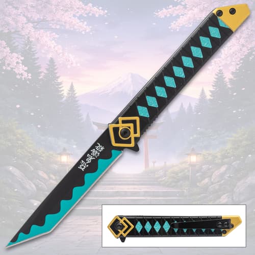 Anime-inspired knife with teal and black design, mountain background