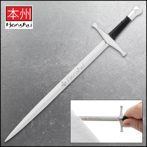 Silver sword-shaped letter opener with logo
