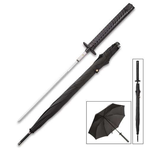 Black umbrella sword is shown with sword pulled from the umbrella and inside the functioning umbrella.