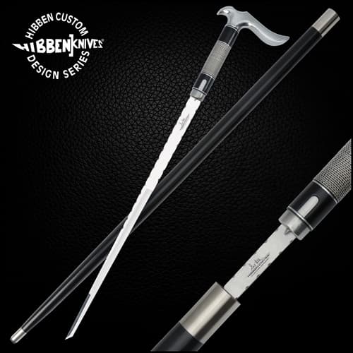 Gil Hibben custom hook sword cane shown atop scabbard and with detailed look at the handle adjacent to a photo of Gil Hibben.