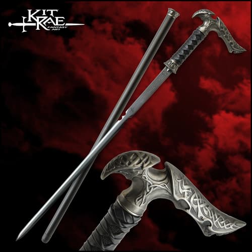 The Kit Rae Black Axios Sword Cane has a carbon steel blade