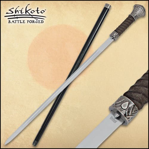 Shikoto sword cane has a wooden cane scabbard and detailed cast pommel.