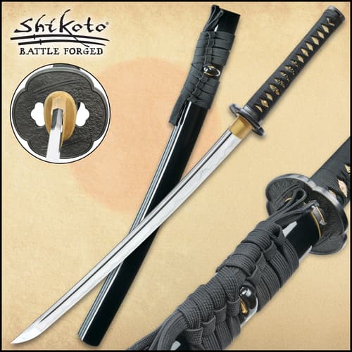 Shikoto Touchstone Handmade Wakizashi / Samurai Sword - Hand Forged Clay Tempered T10 High Carbon Steel - Ray Skin; Iron Tsuba; Certificate of Authenticity - Functional, Full Tang, Battle Ready