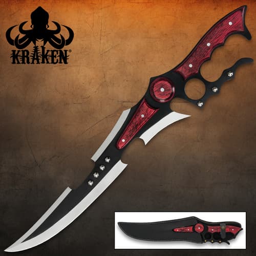 Curved fantasy sword with red and black handle