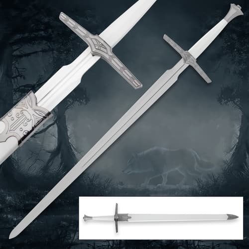 Close-up of a silver sword with intricate hilt design, forest background