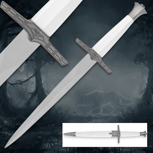 White sword with intricate hilt, wolf in background