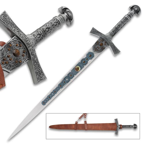 Decorative sword with intricate hilt and sheath