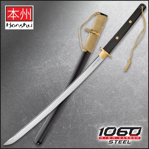 Honshu wakizashi sword with black and brass handle shown in front of other weapons on tatami mats.