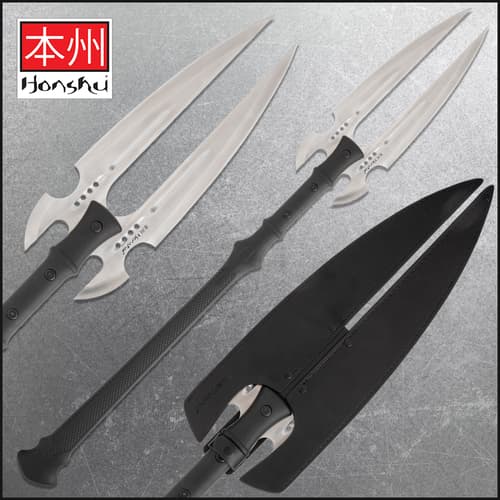 Double-headed spear with stainless steel blades and black handle