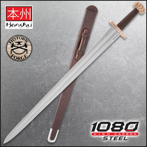 Full view of the Honshu Historic Forge Ballinderry Viking Sword, shown both in and out of its sheath, with the Honshu and Historic Forge logos.