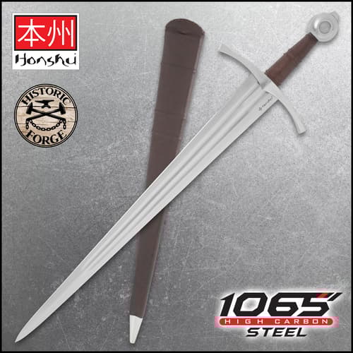 The Honshu Historic Forge 14th Century Double Fuller Sword is shown both in and out of its scabbard next to the “Honshu” and “Historic Forge” logos.