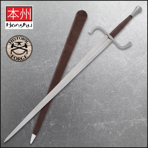 The Honshu Historic Forge German Long Sword is shown both in and out of its black leather sheath, next to images of the “Honshu,” “Historic Forge,” and “1065 Carbon Steel” logos.
