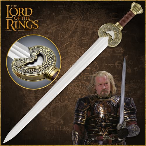 The Lord of the Rings Harugrim sword is shown in full with a zoomed view of the ornate, brass-plated metal guard and pommel.