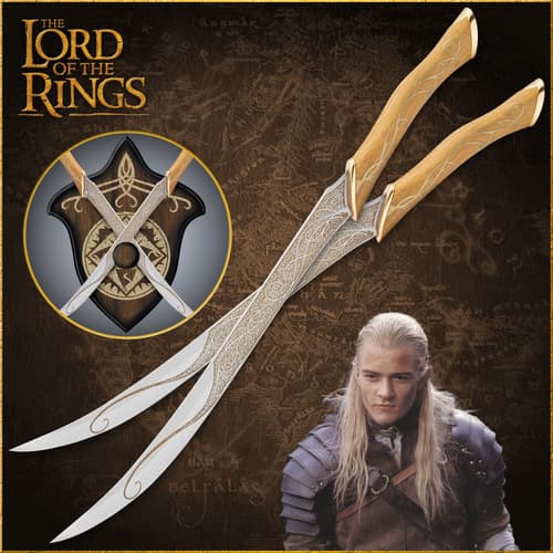 The Lord of the Rings fighting knives used by Legolas Greenleaf are shown in use by the character and in full with Elven vine accents down the blades.