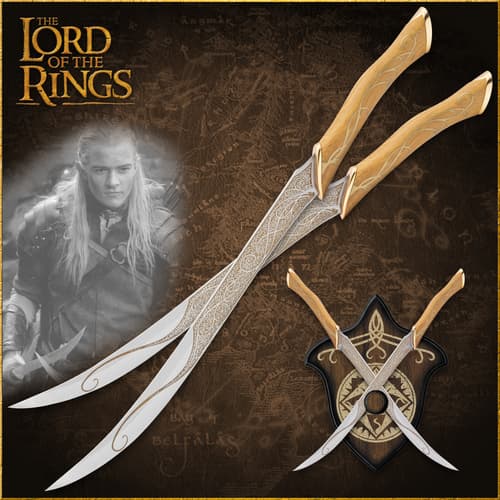 Decorative swords with intricate designs and a character image