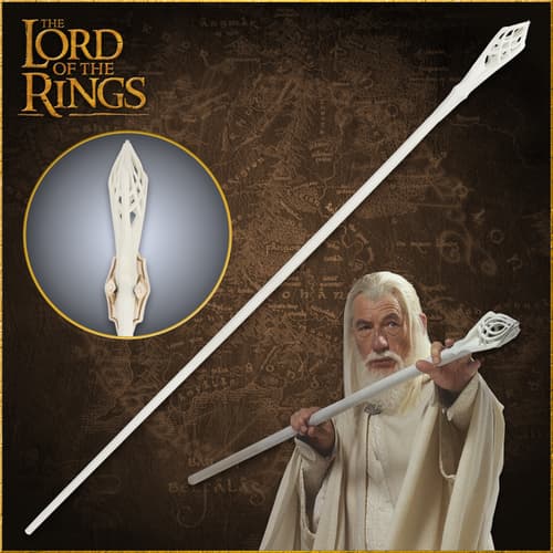 Gandalf holding a white staff with intricate design