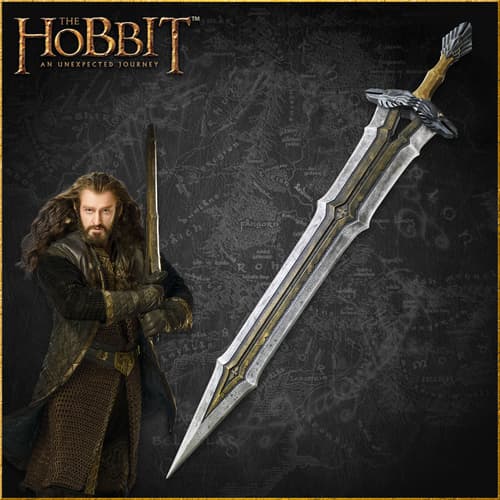 Character holding a sword with a map background