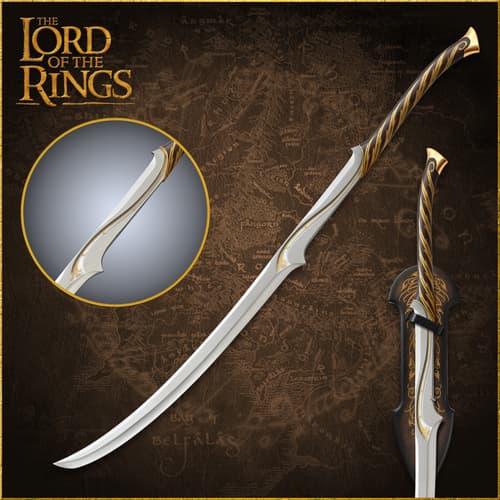 Curved sword with ornate handle on a map background