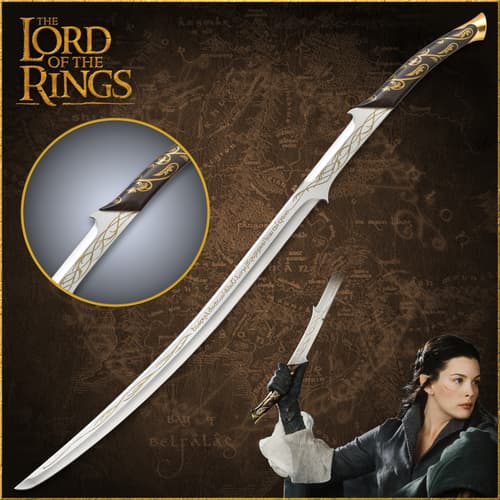Sword with intricate design and character holding it