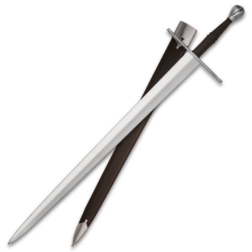 Medieval sword with scabbard on white background