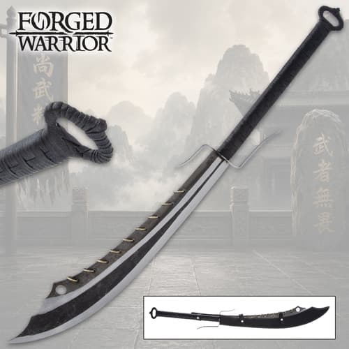 Forged Warrior sword with black handle and mountain backdrop