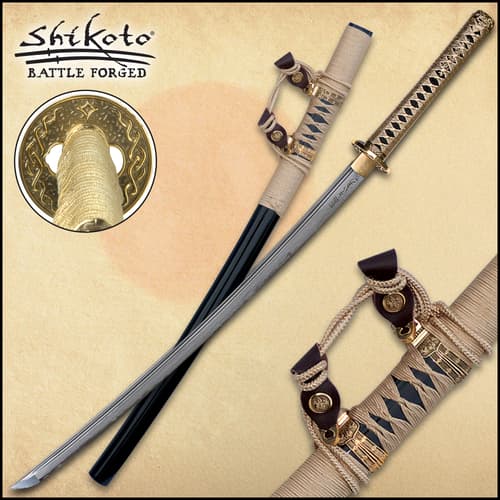 Shikoto Kogane Dynasty Tachi sword shown with brass accents and brass colored cord wrapping handle and black scabbard.