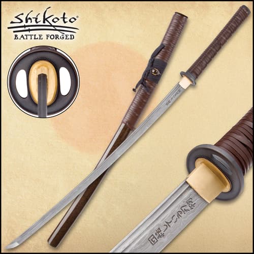 Shikoto Rurousha handmade katana shown with cast tsuba, wooden scabbard wrapped in leather to match the leather wrapped handle.