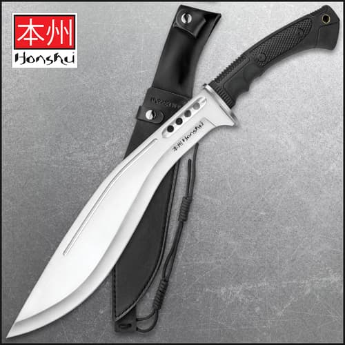 Honshu Boshin Kukri with a full-tang 13 1/8” 7Cr13 stainless steel blade with TPR handle shown on a blue background.