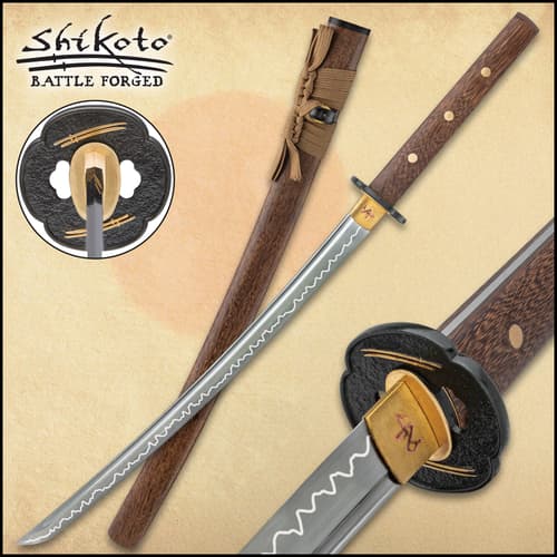 Shikoto Tigerwood Wakizashi shown on a stand with brown tigerwood handle, matching scabbard, and T10 carbon steel blade.