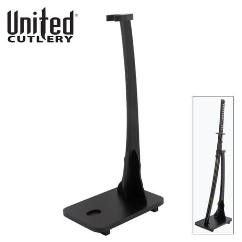 Black sword display stand with logo and inset image of sword