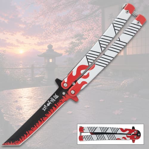Butterfly knife with flame design on a scenic background