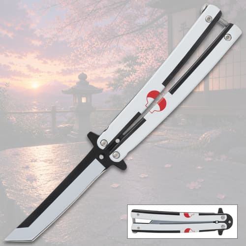 Butterfly knife with anime design on a scenic background