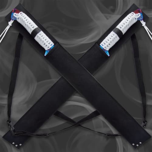 Crossed black sheaths with swords partially visible