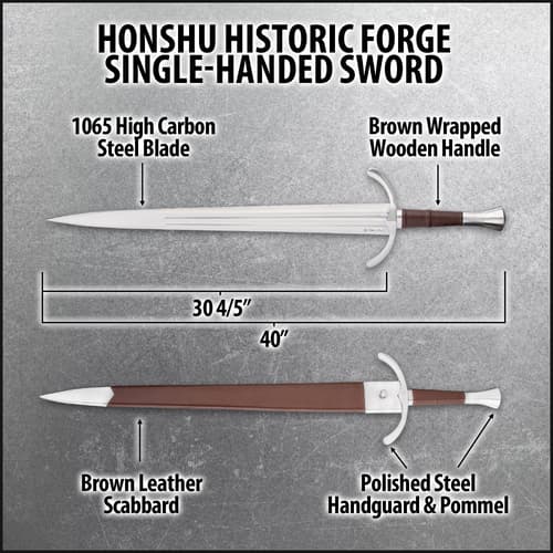 Honshu single-handed sword with measurements and features labeled