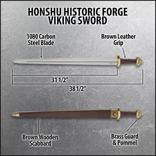 Honshu Viking sword with carbon steel blade, leather grip, and scabbard