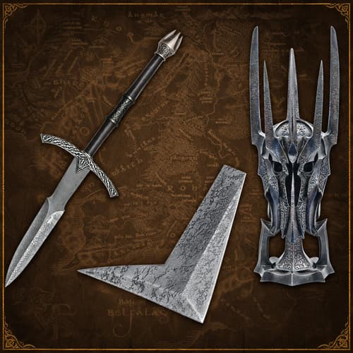 Fantasy weapons and armor on a map background