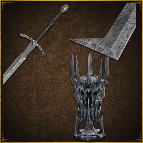 Medieval sword, mask, and dagger on a wooden table with a red cloth