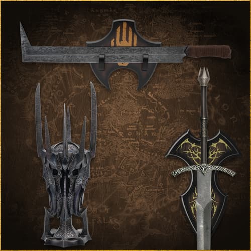 Helmets and swords displayed on a map background